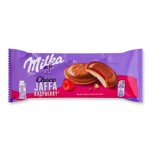 Печиво з молочним кремом "Milka" Choco Jaffa Raspberry та малиновим джемом, 147g (24 шт/ящ)