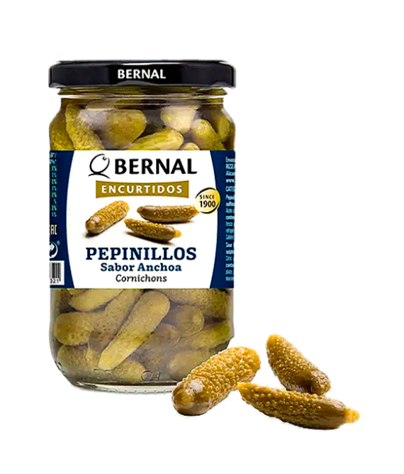 Огірки корнішони "Bernal" зі смаком анчоуса, 300г (12 шт/ящ)