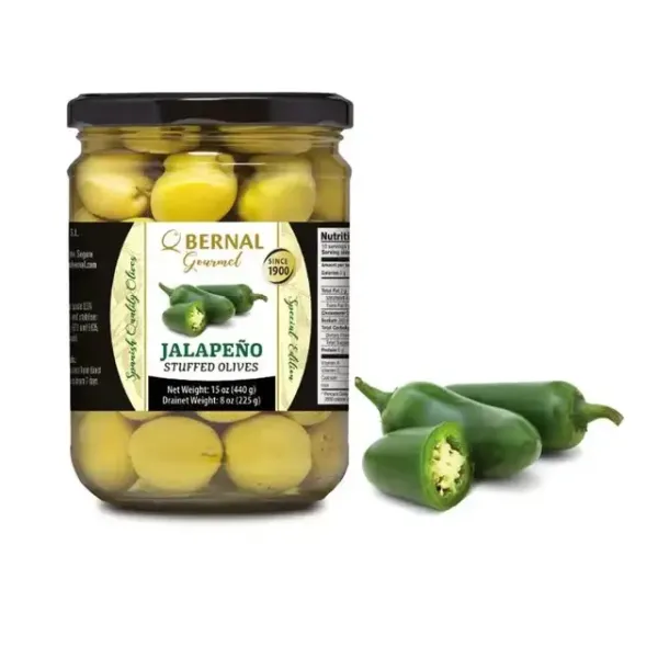 Оливки зелені "Bernal" Gourmet фаршировані халапеньйо, 436г (12 шт/ящ)