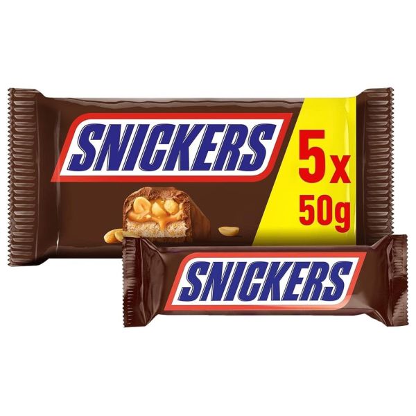 Шоколадний батончик 5-pack*50g "Snickers" з нугою, карамеллю та арахісу, 250g (17 шт/ящ)