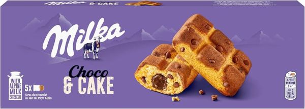 Бісквітне тістечко "Milka" Cake and Choco з шоколадною начинкою та шматочками молочного шоколаду, 175г (14 шт/ящ)