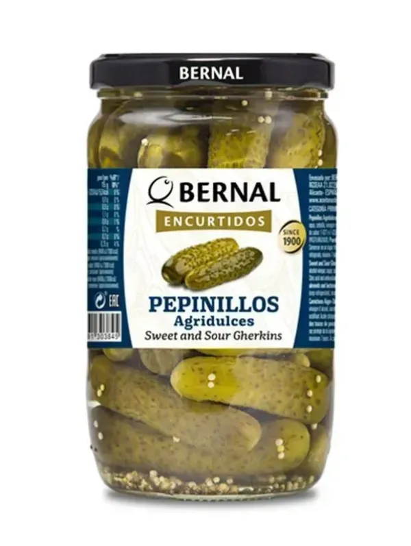 Огірки корнішони "Bernal" Pepinillos кисло-солодкі, 685г (12 шт/ящ)