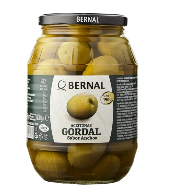 Оливки гіганти з кісточкою "Bernal" Gordal в маринаді з анчоусів 950г, Іспанія (6 шт/ящ)