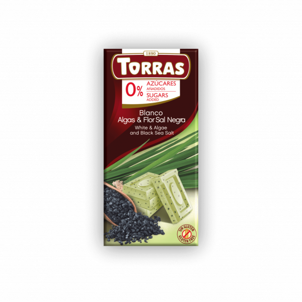 Шоколад білий без цукру "Torras" з водоростями і чорною морською сіллю 75г, Іспанія (12 шт/ящ)