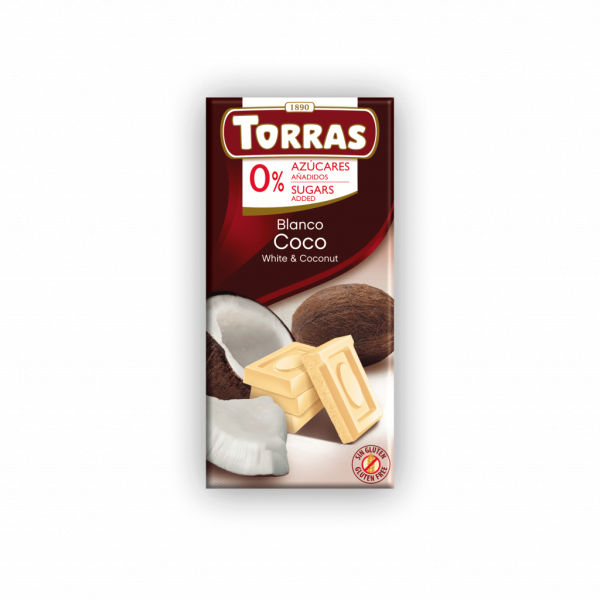 Шоколад білий "Torras" з кокосом без цукру 75г, Іспанія (12 шт/ящ)