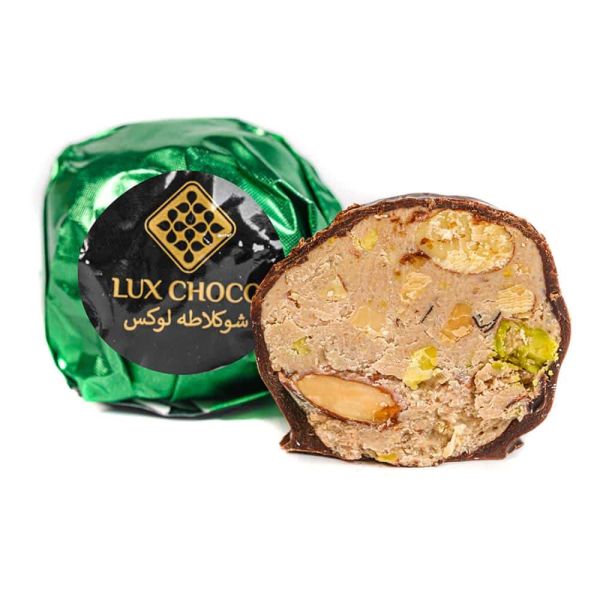 Дубайські елітні цукерки "LUX CHOCO" Dark #4127 з фісташкою, мигдалем та подрібненим фундуком в темному шоколаді, 35-40 г/шт (3 кг/ящ)