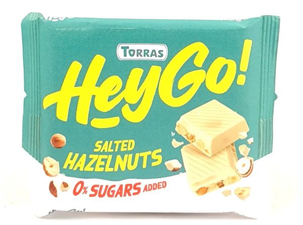 Шоколад білий без цукру "Torras" Hey Go з фундуком та морською сіллю, 60г (15 шт/ящ)