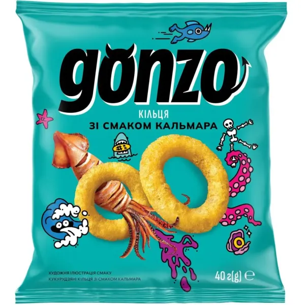 Кукурудзяні кільця "Gonzo" зі смаком кальмара, 40 г (60 шт/ящ)