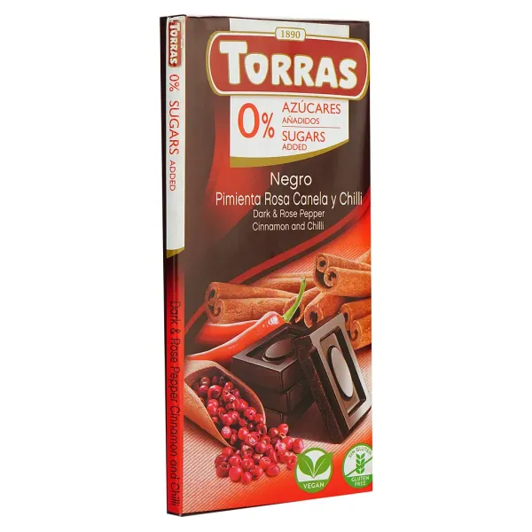 Шоколад чорний без цукру "Torras" з рожевим перцем, корицею та чилі 75г, Іспанія (12 шт/ящ)