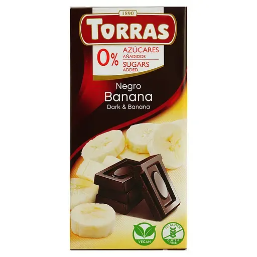 Шоколад чорний "Torras" з бананом без цукру 75г, Іспанія (12 шт/ящ)
