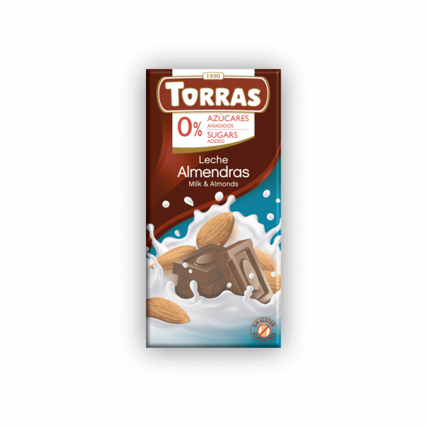 Шоколад молочний "Torras" з мигдалем без цукру 75г, Іспанія (12 шт/ящ)