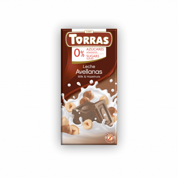 Шоколад молочний "Torras" з фундуком без цукру 75г, Іспанія (12 шт/ящ)