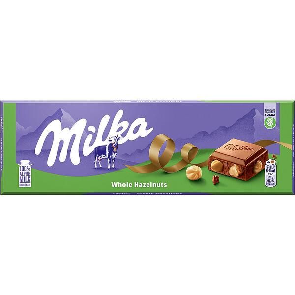 Шоколад молочний "Milka" Whole Nuts з цільним лісовим горіхом в коробці, 250г (12 шт/ящ)