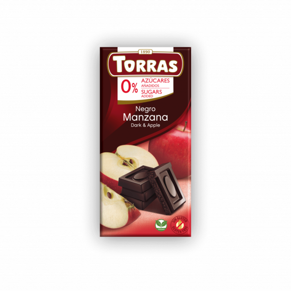 Шоколад чорний "Torras" з яблуком без цукру 75г, Іспанія (12 шт/ящ)