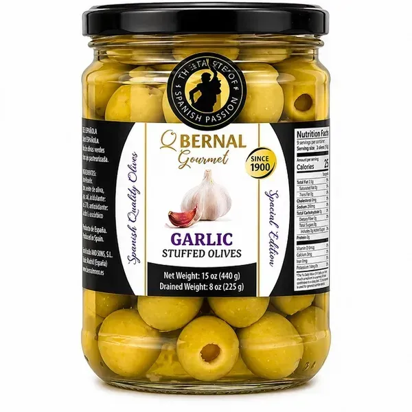Оливки зелені "Bernal" Gourmet фаршировані пастою з часника, 440г (12 шт/ящ)